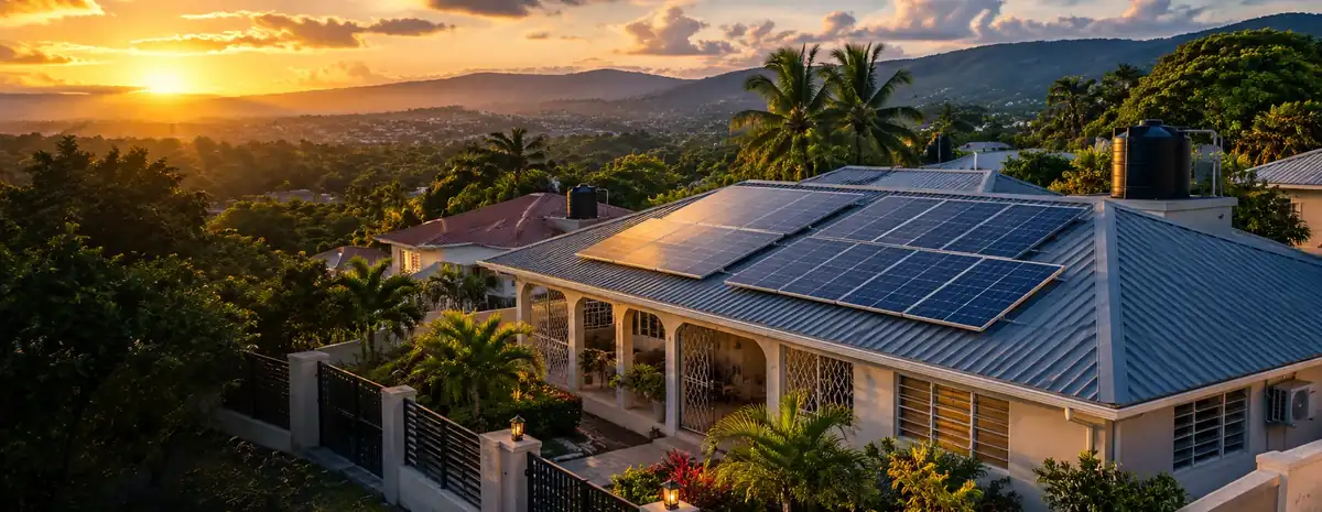 Jamaican home with rooftop solar panels at sunset
